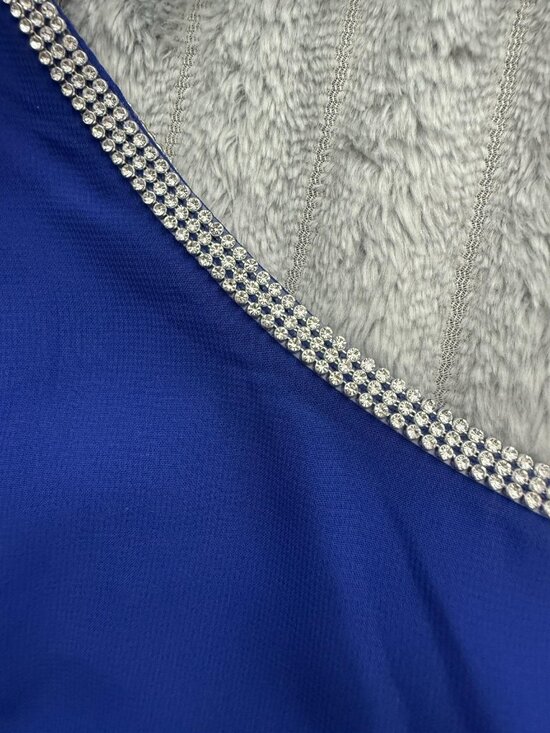 MSK Chiffon Sheath Rhinestone Trim Dress Womens M Royal Blue Asymmetric Cape - Picture 7 of 12